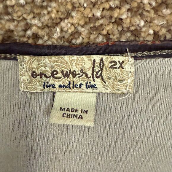 One World Brown Aztec Velour Sequin Kimono Sleeve Top Womens 2X EUC Boho - Picture 4 of 11